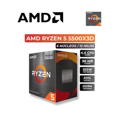 PROCESADOR AMD RYZEN 5 5500X3D, AM4 3.0GHZ, 6-CORE, L3 CACHE 96MB, 12NM, 105W